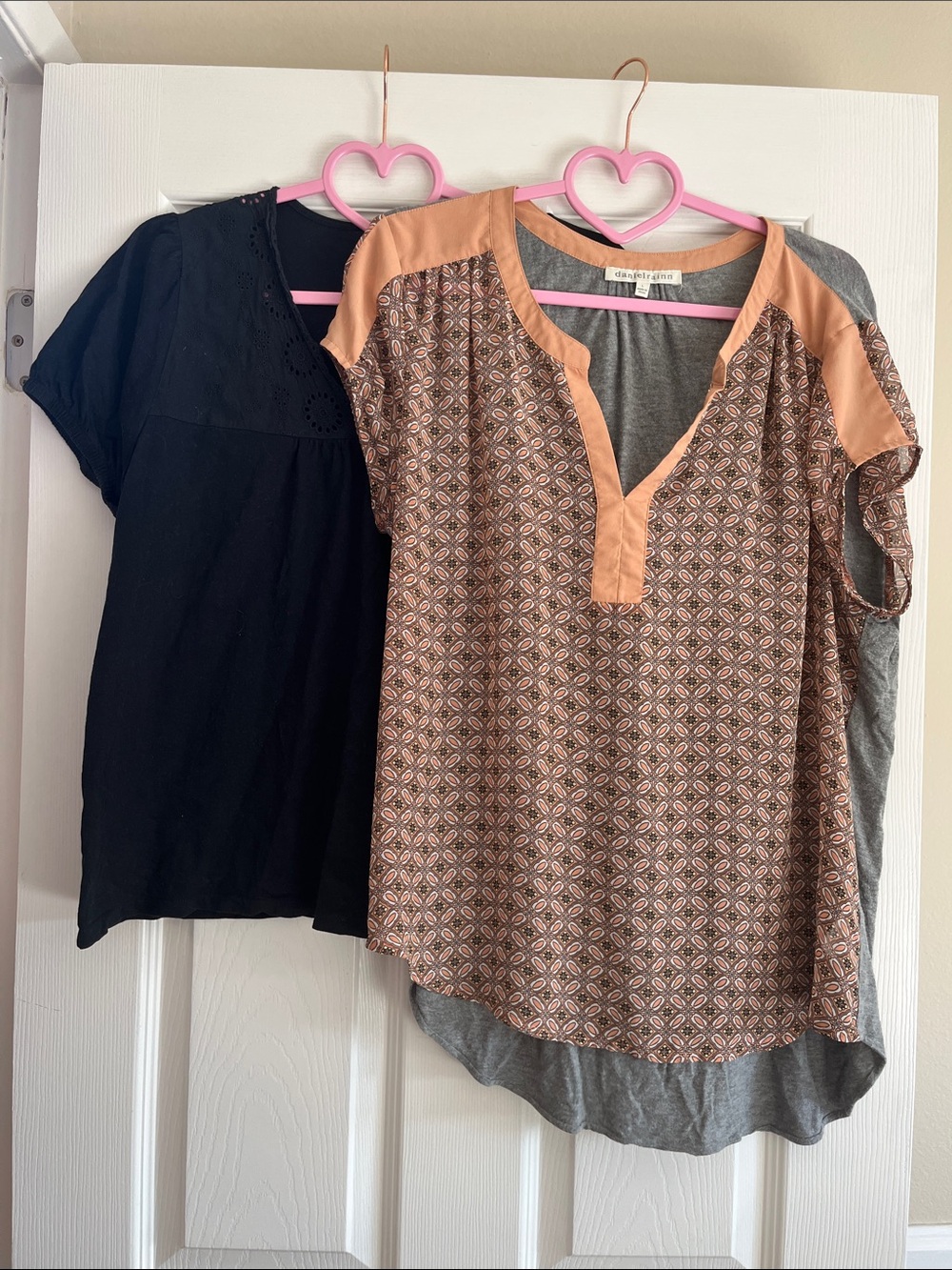 Bundle women’s tops: Peach Patterned V-Neck Tunic and Black embroidered neck tee